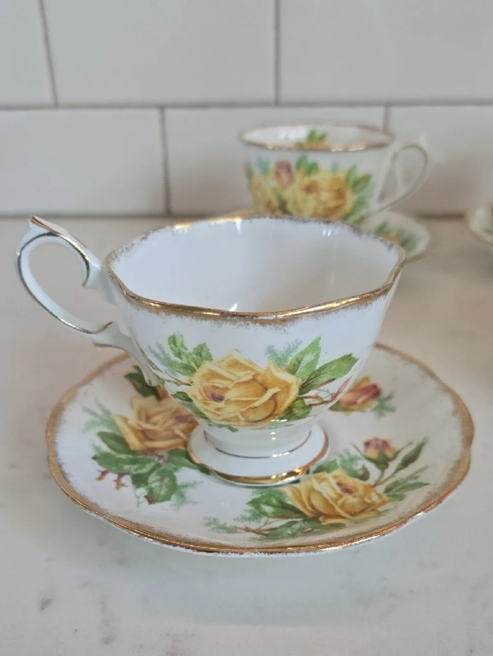 Royal Albert Yellow Rose Porcelain Teacup & Saucer Set with Gold Trim, Set Of 4